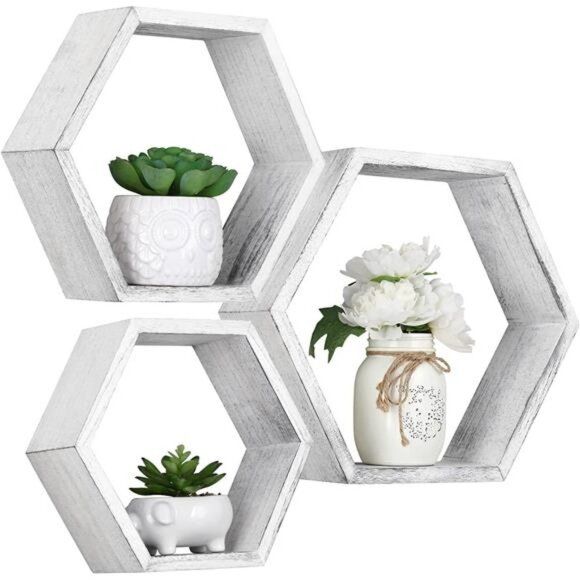 Hexagonal Floating Shelves Wall Mounted Set of 3 Wood Farmhouse Storage - Picture 1 of 5
